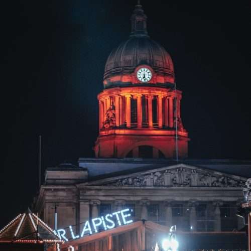 nottingham town hall lit up nighttime