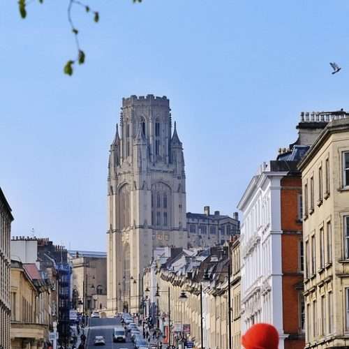 city rising uphill towards sheffield cathedral