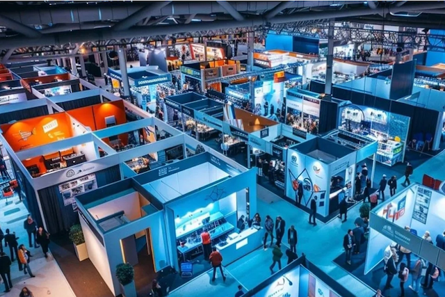 rows of event display stands from above at trade show